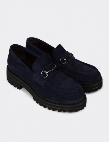 Kadın Hakiki Süet Lacivert Toka Detaylı Loafer - 02024ZLCVE01