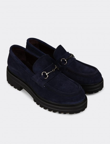 Kadın Hakiki Süet Lacivert Toka Detaylı Loafer