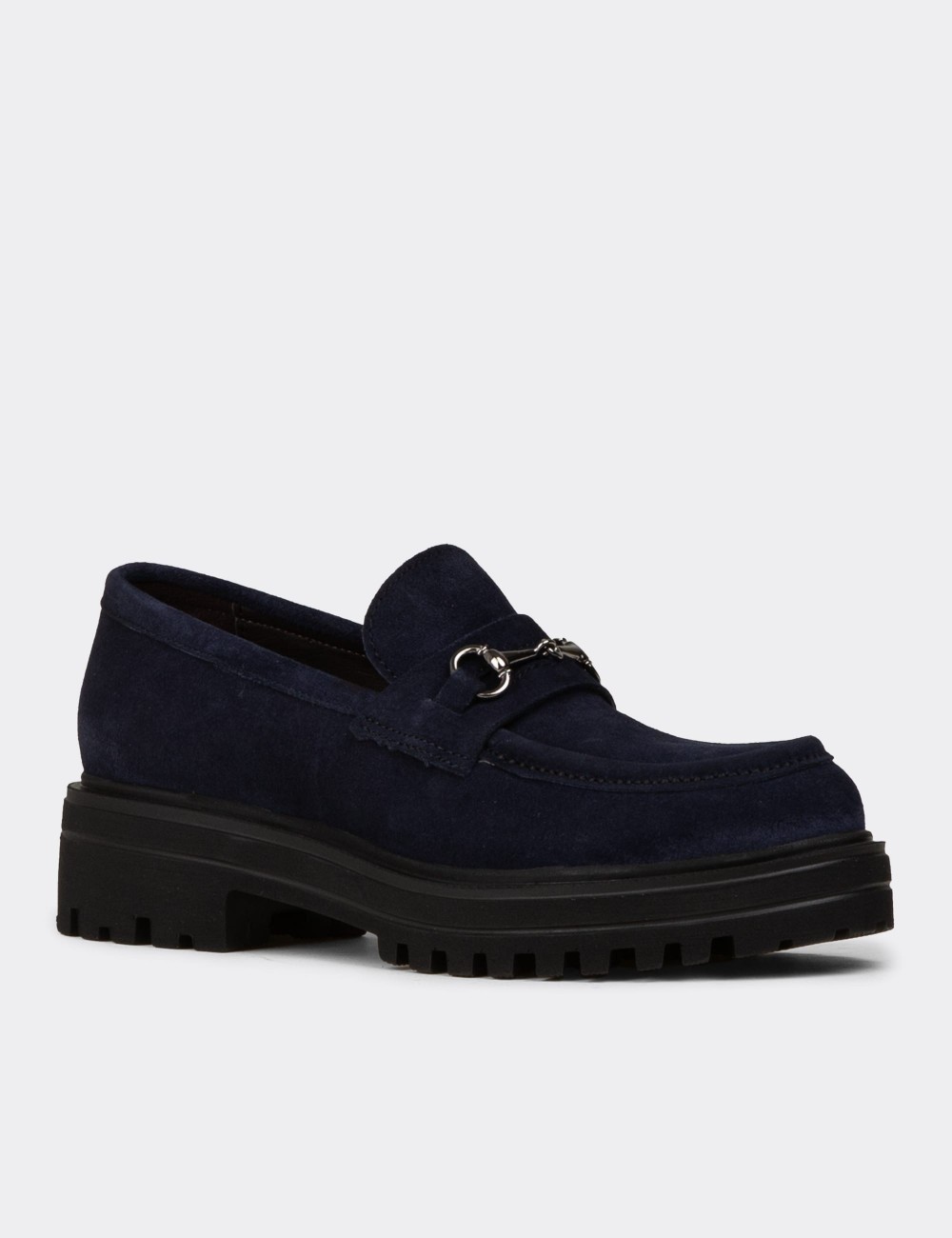 Kadın Hakiki Süet Lacivert Toka Detaylı Loafer - 02024ZLCVE01