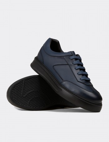 Erkek Mavi Hakiki Deri Sneaker Ayakkabı - 02015MMVIE01