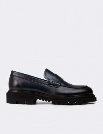Erkek Hakiki Deri Lacivert Loafer Ayakkabı