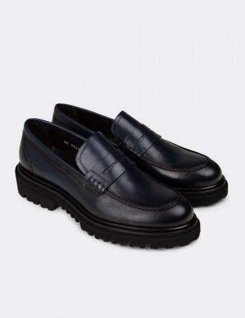 Erkek Hakiki Deri Lacivert Loafer Ayakkabı