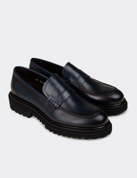 Erkek Hakiki Deri Lacivert Loafer Ayakkabı