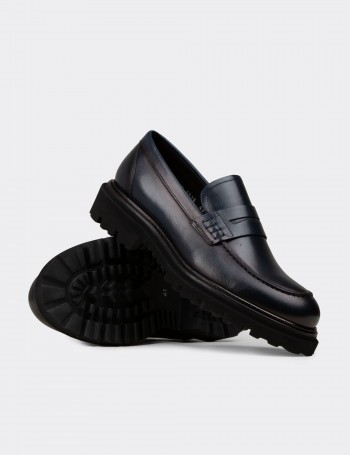 Erkek Hakiki Deri Lacivert Loafer Ayakkabı - F6528MLCVP01