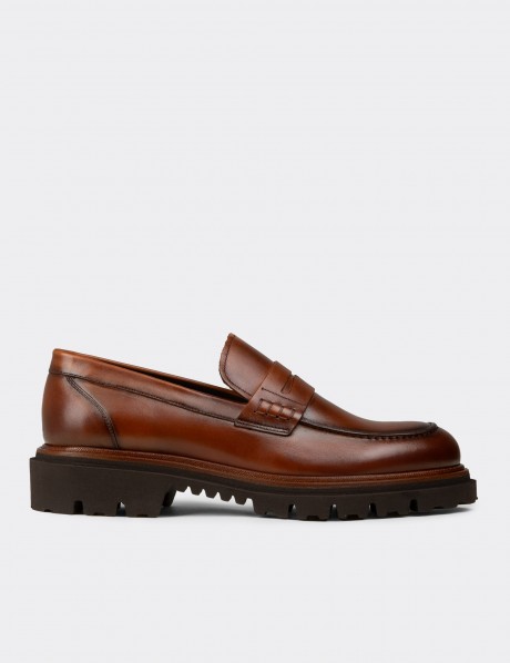 Erkek Hakiki Deri Taba Renkli Loafer Ayakkabı