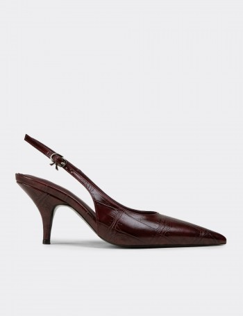 Kadın Bordo Krokodil Desenli Slingback Stiletto