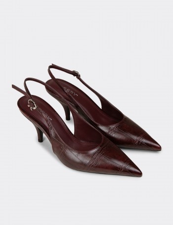 Kadın Bordo Krokodil Desenli Slingback Stiletto - V4035ZBRDM01
