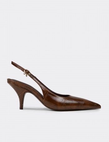 Kadın Kahverengi Krokodil Desenli Slingback Stiletto