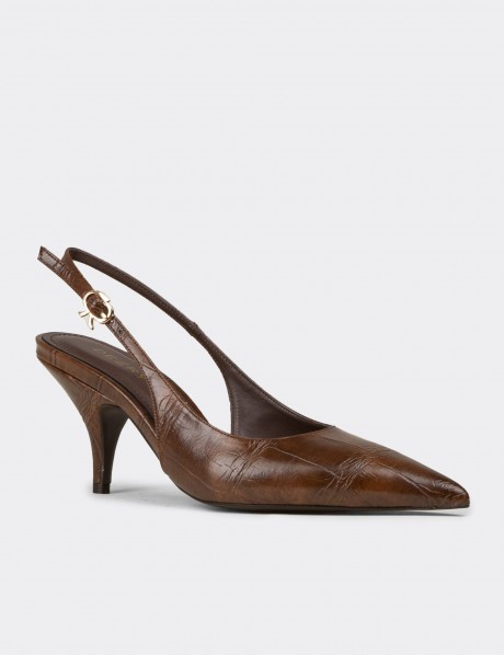 Kadın Kahverengi Krokodil Desenli Slingback Stiletto
