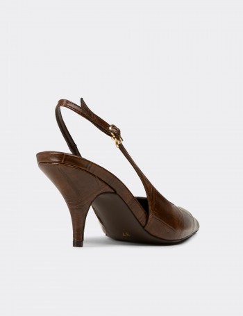 Kadın Kahverengi Krokodil Desenli Slingback Stiletto - V4035ZKHVM01