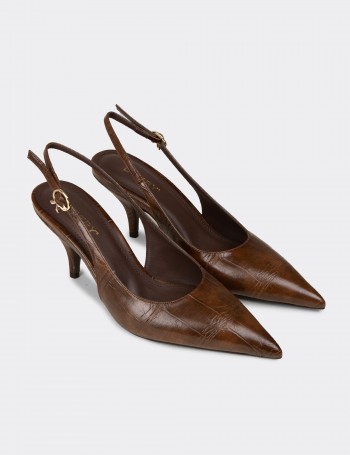 Kadın Kahverengi Krokodil Desenli Slingback Stiletto - V4035ZKHVM01