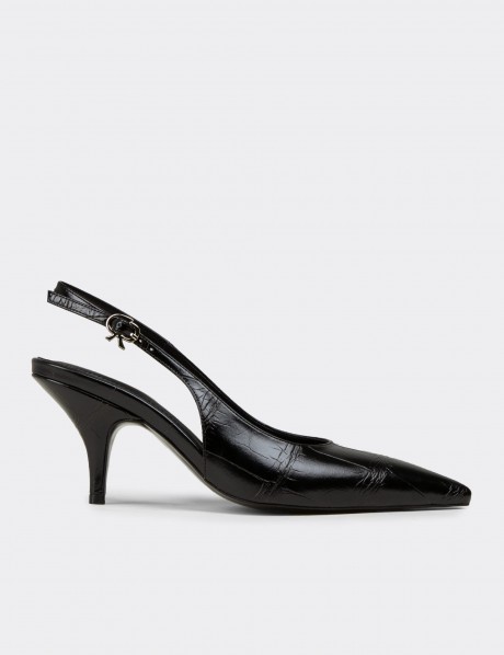 Kadın Siyah Krokodil Desenli Slingback Stiletto