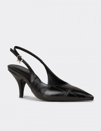 Kadın Siyah Krokodil Desenli Slingback Stiletto