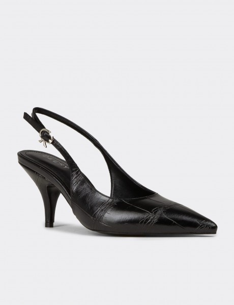 Kadın Siyah Krokodil Desenli Slingback Stiletto