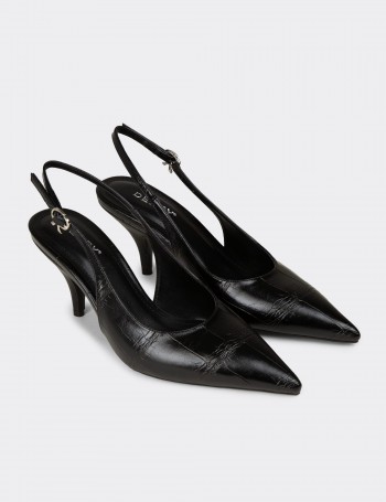 Kadın Siyah Krokodil Desenli Slingback Stiletto - V4035ZSYHM01