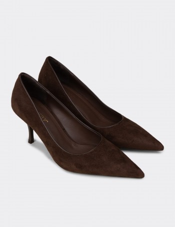 Kadın Kahverengi Süet Sivri Burun Stiletto - V4045ZKHVM01