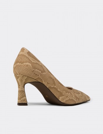 Kadın Bej Piton Desenli Orta Topuklu Stiletto - V4030ZBEJM01