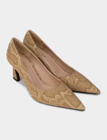 Kadın Bej Piton Desenli Orta Topuklu Stiletto - V4030ZBEJM01