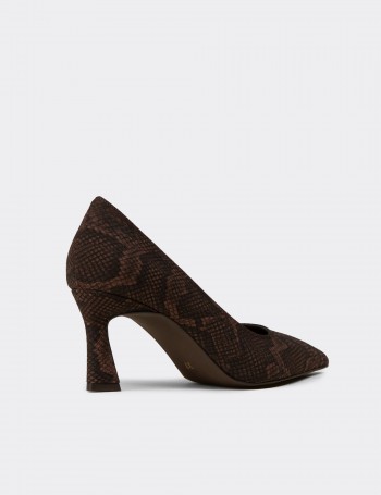 Kadın Yılan Desenli Kahverengi Orta Topuklu Stiletto - V4030ZKHVM01