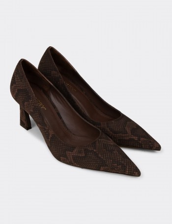 Kadın Yılan Desenli Kahverengi Orta Topuklu Stiletto - V4030ZKHVM01