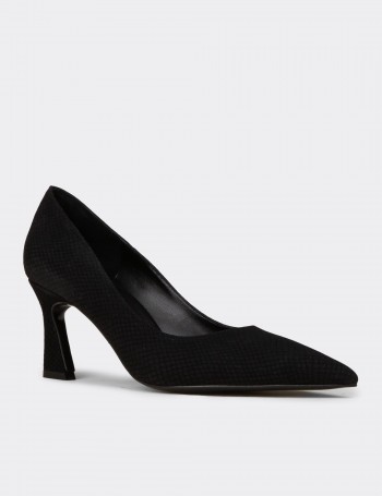 Kadın Siyah Yılan Desenli Orta Topuklu Ayakkabı