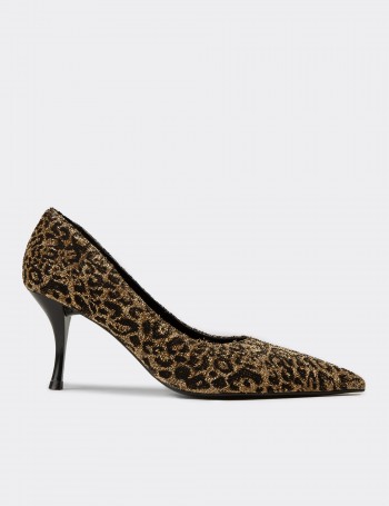 Kadın Altın Renk Leopar Desenli Stiletto