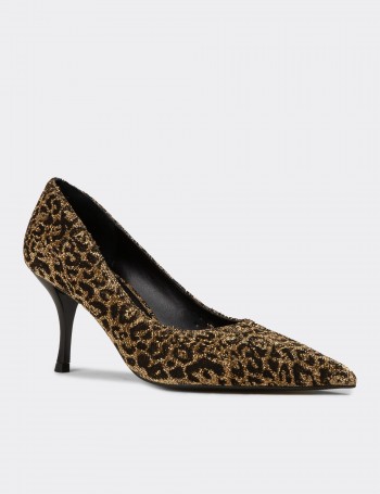 Kadın Altın Renk Leopar Desenli Stiletto