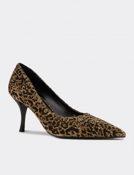Kadın Altın Renk Leopar Desenli Stiletto