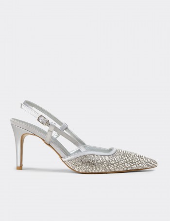 Kadın Taş Detaylı Gümüş Renk Slingback Stiletto - RD140ZGMSM01
