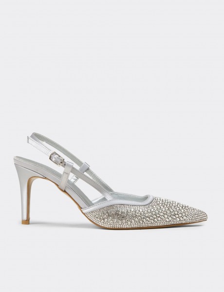 Kadın Taş Detaylı Gümüş Renk Slingback Stiletto