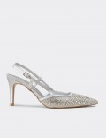 Kadın Taş Detaylı Gümüş Renk Slingback Stiletto
