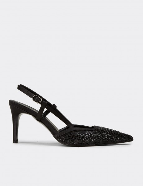Kadın Siyah Taş Detaylı Slingback Stiletto