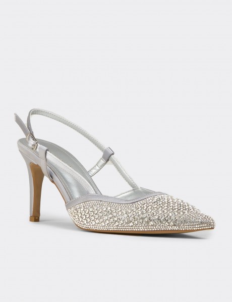 Kadın Taş Detaylı Gümüş Renk Slingback Stiletto