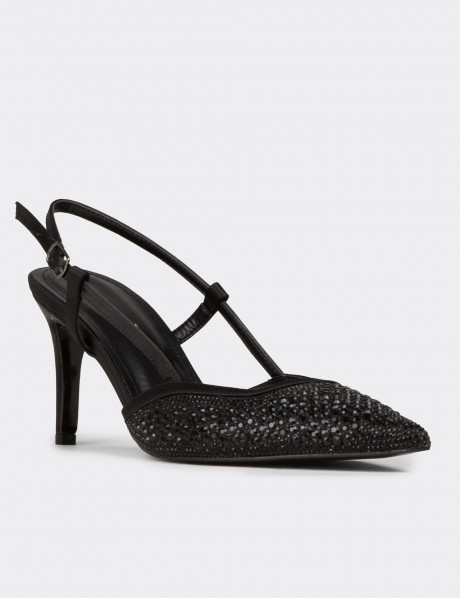 Kadın Siyah Taş Detaylı Slingback Stiletto