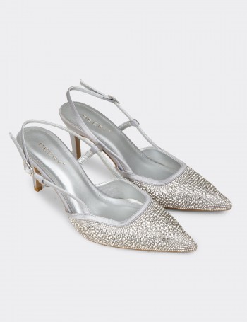 Kadın Taş Detaylı Gümüş Renk Slingback Stiletto - RD140ZGMSM01