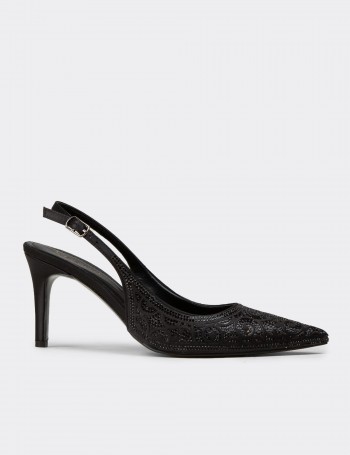 Kadın Siyah Taş Detaylı Slingback Stiletto