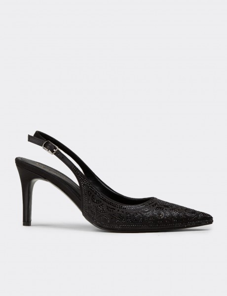 Kadın Siyah Taş Detaylı Slingback Stiletto