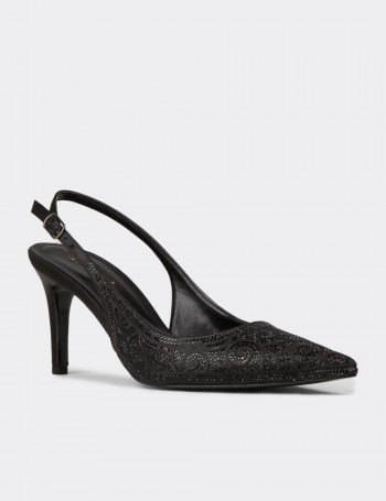 Kadın Siyah Taş Detaylı Slingback Stiletto