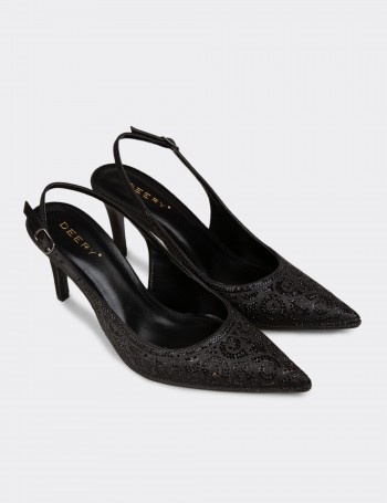 Kadın Siyah Taş Detaylı Slingback Stiletto - RD035ZSYHM01