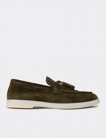 Erkek Hakiki Süet Yeşil Püsküllü Loafer - 02027MYSLC01