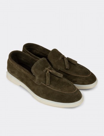 Erkek Hakiki Süet Yeşil Püsküllü Loafer - 02027MYSLC01