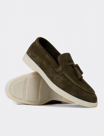 Erkek Hakiki Süet Yeşil Püsküllü Loafer - 02027MYSLC01