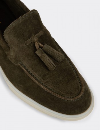 Erkek Hakiki Süet Yeşil Püsküllü Loafer - 02027MYSLC01