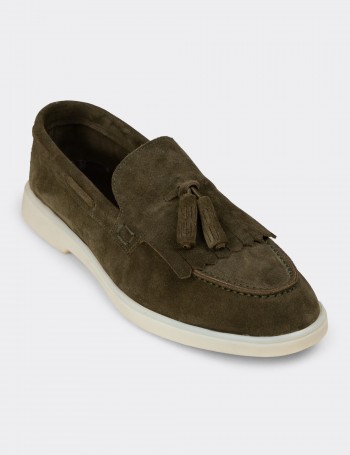 Erkek Hakiki Süet Yeşil Püsküllü Loafer - 02030MYSLC01