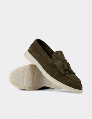 Erkek Hakiki Süet Yeşil Püsküllü Loafer - 02030MYSLC01