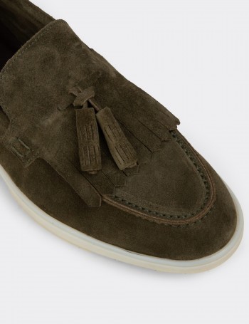 Erkek Hakiki Süet Yeşil Püsküllü Loafer - 02030MYSLC01