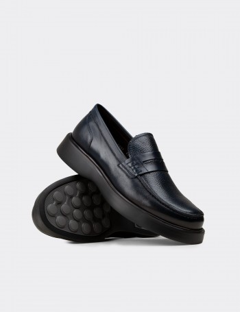 Erkek Hakiki Deri Lacivert Loafer - F6683MLCVP01