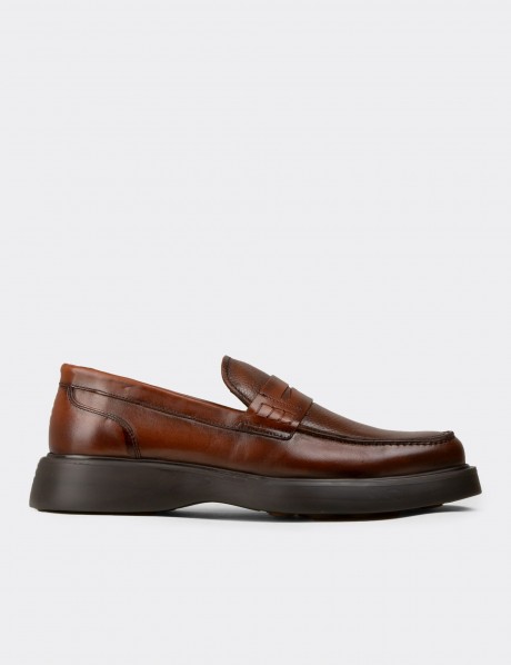 Erkek Taba Renk Hakiki Deri Loafer Ayakkabı