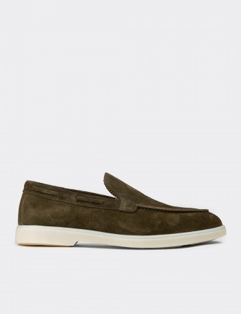 Erkek Hakiki Süet Yeşil Loafer Ayakkabı - 02032MYSLC01
