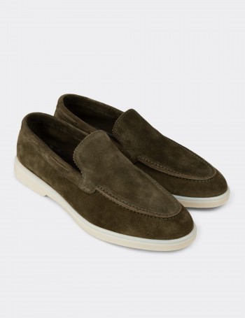 Erkek Hakiki Süet Yeşil Loafer Ayakkabı - 02032MYSLC01